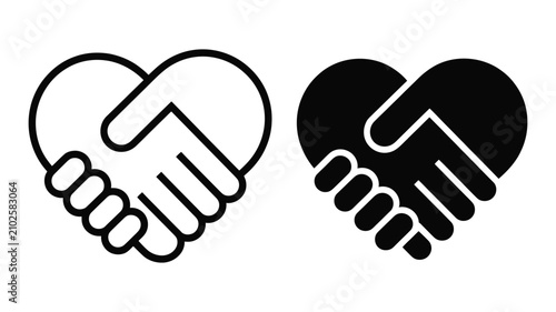 Teamwork handshake icon set, heart symbol with joined hands illustration, clean monochrome vector design for charity, collaboration, partnership and relationship concepts.
