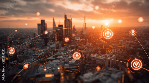 Social media fo city and Smart digital Innovation city with connection network reciprocity over the cityscape. of future smart wireless city and social media networking systems that connects business
