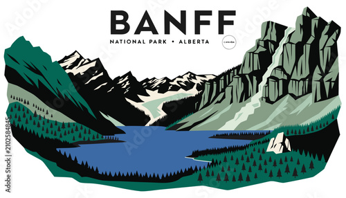Very beautiful realistic vector illustration of BANFF NATIONAL PARK • ALBERTA featuring a bold scenic label reading 