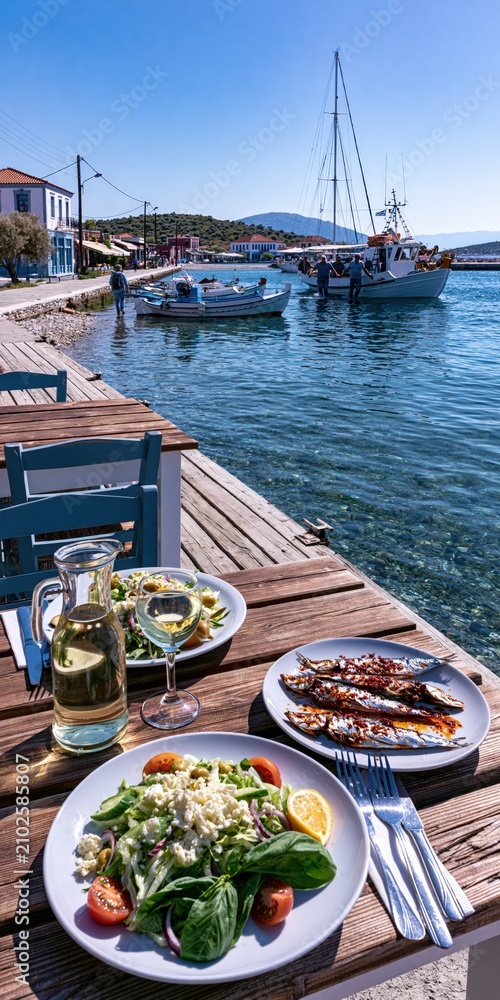 Fototapeta premium Enjoying fresh seafood and greek salad on a wooden pier overlooking a harbor with fishing boats and a sailboat