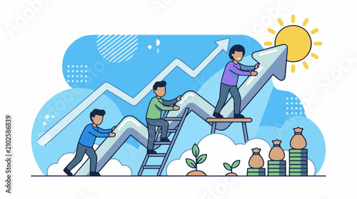 People working together to climb an upward trending arrow