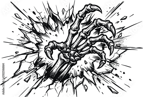 Tableau sur toile Spooky zombie skeleton hand breaking through a cracked wall vector illustration, scary monster bony claw with sharp nails bursting out isolated on white background