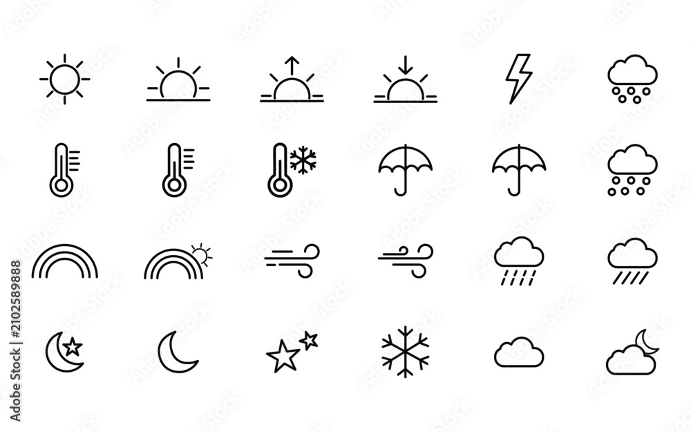 Fototapeta premium Weather icon set featuring sun clouds rain snow wind and temperature symbols forecast meteorology