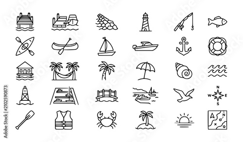Pier and dock waterfront outline icon set with lighthouse kayak boat and coastal vector