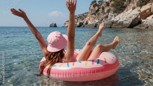 Child relaxing on pink donut float in clear shallow sea near rocky shoreline under bright summer sunlight