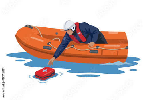 Фотография A rescuer retrieves a trauma kit from a boat amidst choppy water