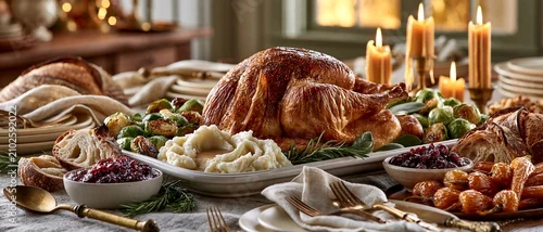 Obraz  z motywem Traditional Thanksgiving Roasted Turkey Feast Served with Mashed Potatoes and Cranberry Sauce on a Festive Dining Table