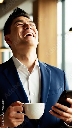 Smiling businessman holding a coffee cup and using a phone