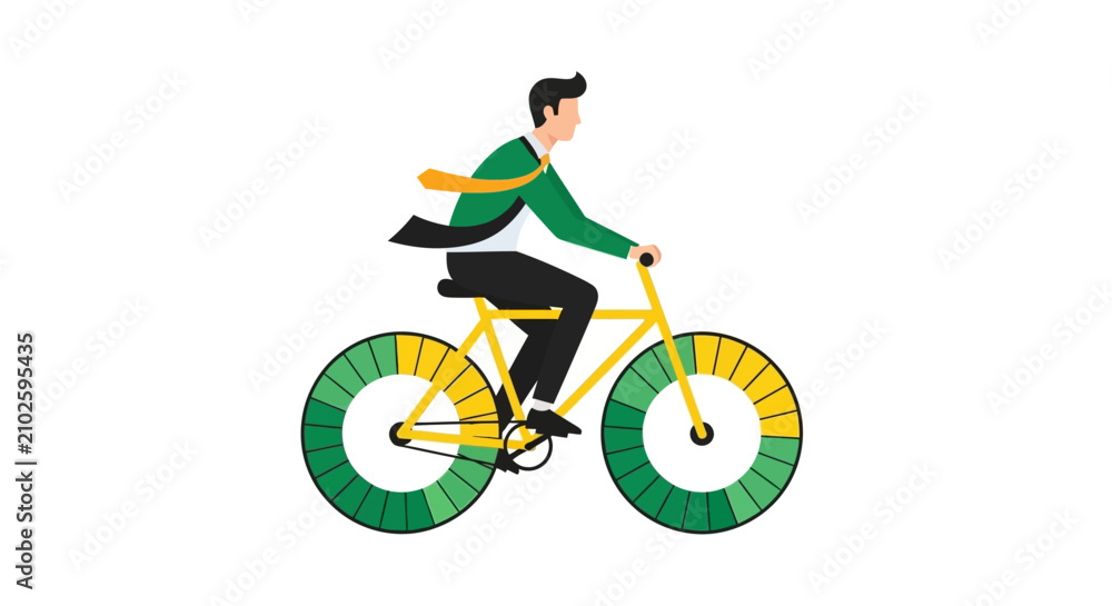 Fototapeta premium Businessman Riding a Bicycle with Pie Chart Wheels Symbolizing Data Growth and Sustainable Business Progress Vector Illustration