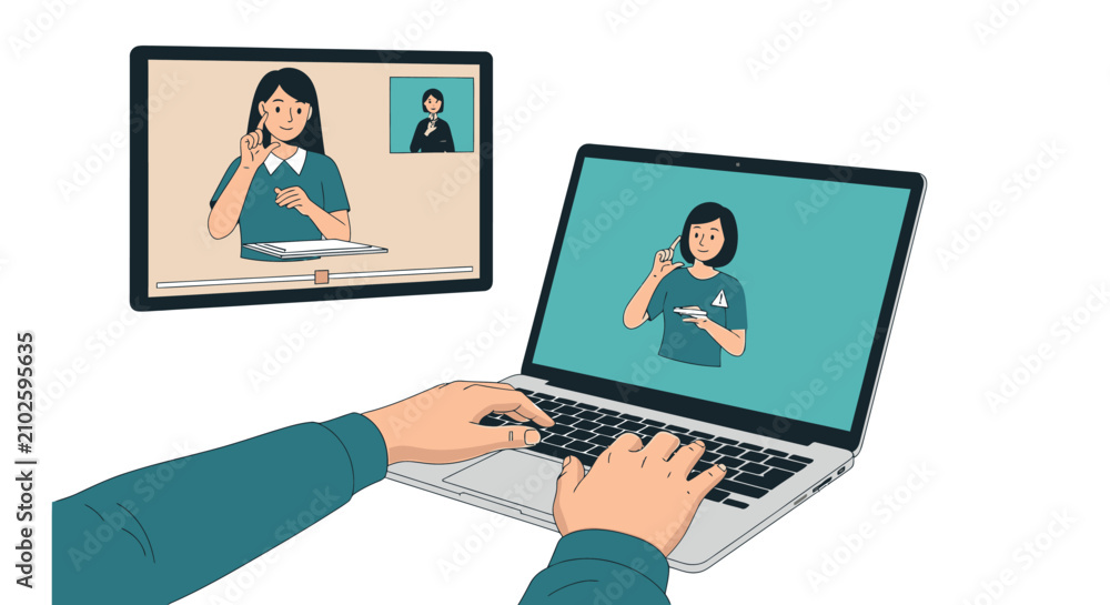 Fototapeta premium Online Sign Language Course Illustration with Person Using Laptop for Accessible Video Education and Communication