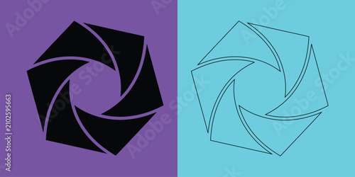 Fotografie Geometric pentagonal aperture symbol in solid black and thin line outline versio