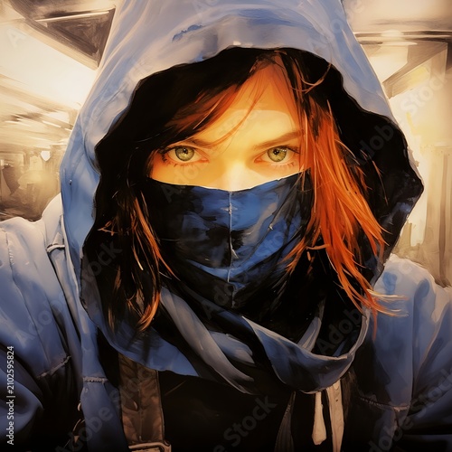 Determined Red-Haired Woman in Blue Hooded Streetwear