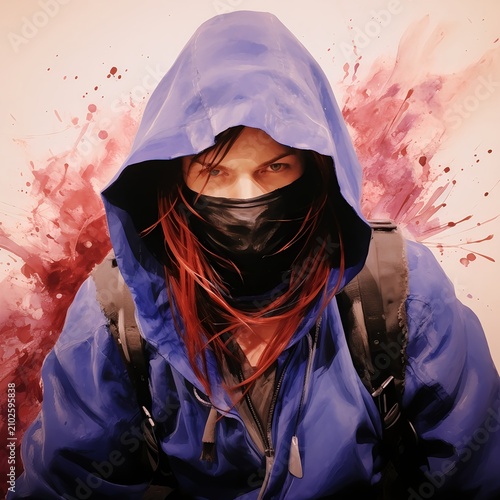 Determined Red-Haired Woman in Blue Hooded Streetwear