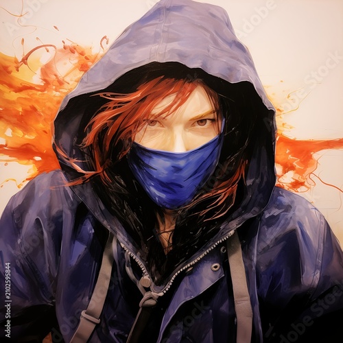 Determined Red-Haired Woman in Blue Hooded Streetwear