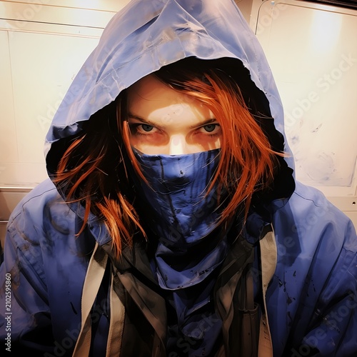 Determined Red-Haired Woman in Blue Hooded Streetwear