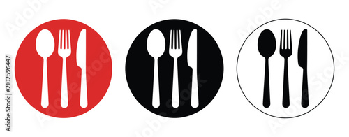Cutlery icon set, spoon fork and knife symbols in red black and white circles, vector illustration for restaurant, dining menu, food service and kitchen design.