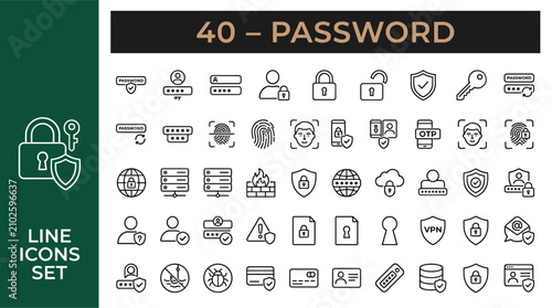 Cybersecurity line icons set, 40 password and data protection vector symbols, digital privacy and network security outline icons for web design