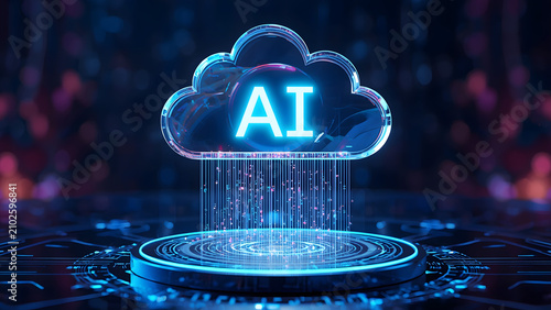 Artificial intelligence cloud computing icon on digital podium, glowing blue AI network technology, futuristic data storage and machine learning concept