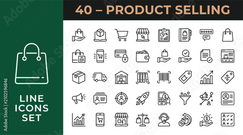 Minimalist product selling line icons set, 40 e-commerce and retail vector elements, professional business marketing and shopping symbols for web design