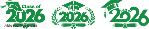 Fényképezés Graduation Class of 2026 badge collection featuring graduation caps, diplomas, laurel wreaths and congratulatory typography