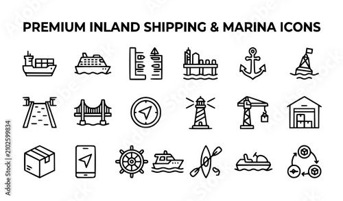 Inland shipping and marina outline icon collection vector illustration