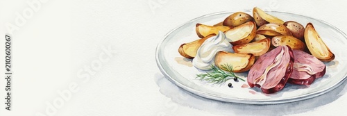A national dish of British cuisine. 
Roast beef with baked potatoes and a garlic-and-sour cream sauce (or horseradish sauce). A banner with space for text.