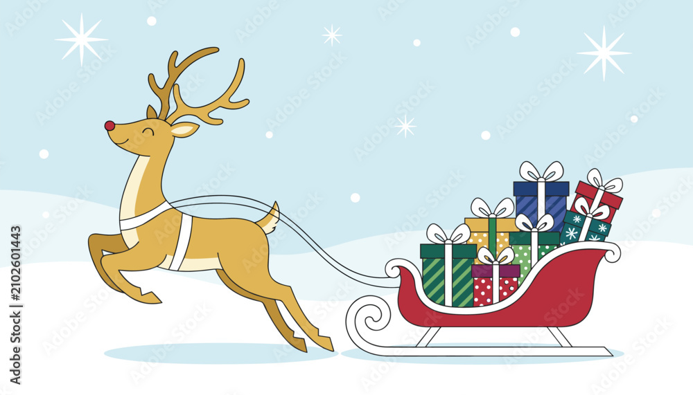 Fototapeta premium Cute Rudolph the red-nosed reindeer pulling a festive red sleigh piled high with colorful wrapped Christmas gifts.