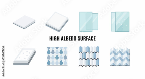 High albedo surface icons set representing reflective material properties