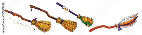 Assortment of four distinct wizard broomsticks crafted with rustic wooden handles and colorful bristles for flying activities during festive magic themed events or holiday celebrations for all