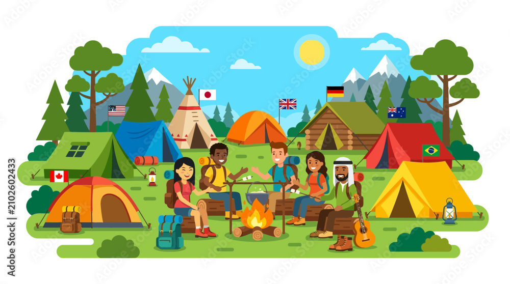 Naklejka premium Diverse group of friends camping together in a scenic mountain forest landscape with tents and campfire.