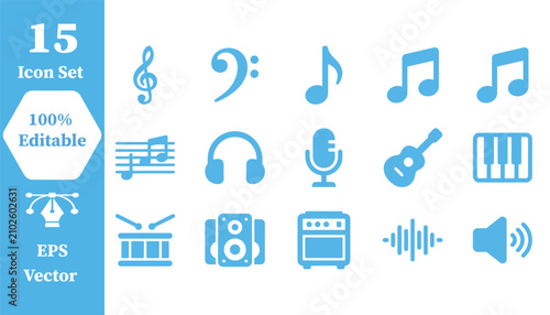 Photography Music and sound media icon set in flat vector style with microphone, headphone