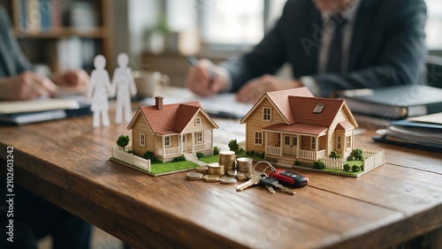 A meeting between a lawyer and the couple regarding the division of assets is held using two miniature house models, paper figurines of the couple, keys, and coins arranged on a wooden table.