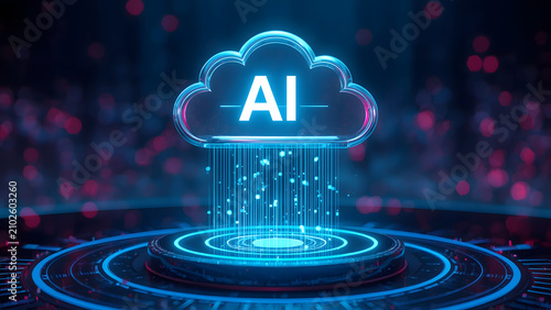 Artificial intelligence cloud computing concept, futuristic AI digital data storage, glowing blue neural network technology on dark background
