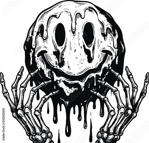 Cuadro en lienzo Melting smiley face with skeleton hands vector illustration, spooky dripping smile emoji monster bony claws line art isolated on white background