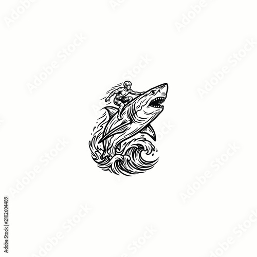 Man Riding Great White Shark Illustration Tattoo Style