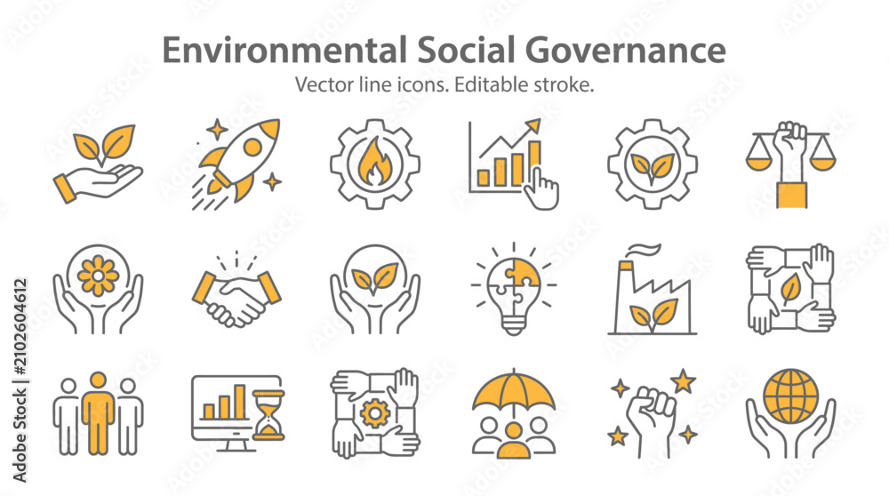 Fototapeta premium Set of Environmental Social Governance ESG icons representing sustainability and corporate responsibility