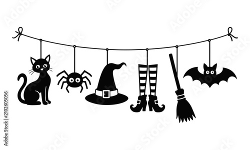 Halloween-themed decorative string with black cat, witch hat, spider, boots, broom, and bat icons hanging