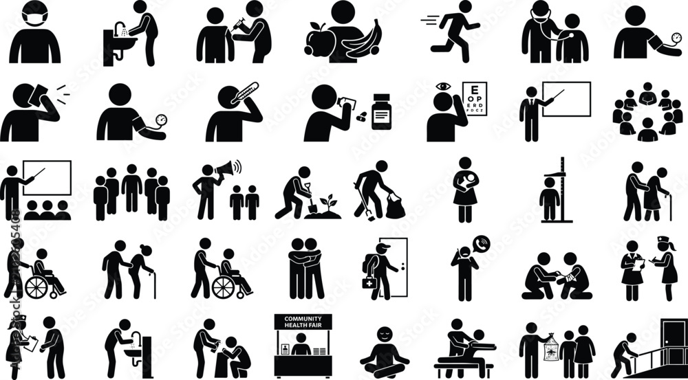 Obraz premium Set of medical and healthcare icons including doctor, patient, checkup, hygiene, healthy lifestyle, and community health services
