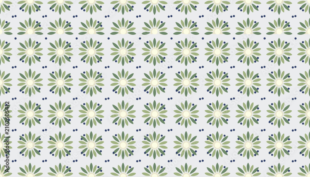 Fototapeta premium Geometric seamless pattern showcases symmetrical green rosettes decorated with dark blue dots on a white background.