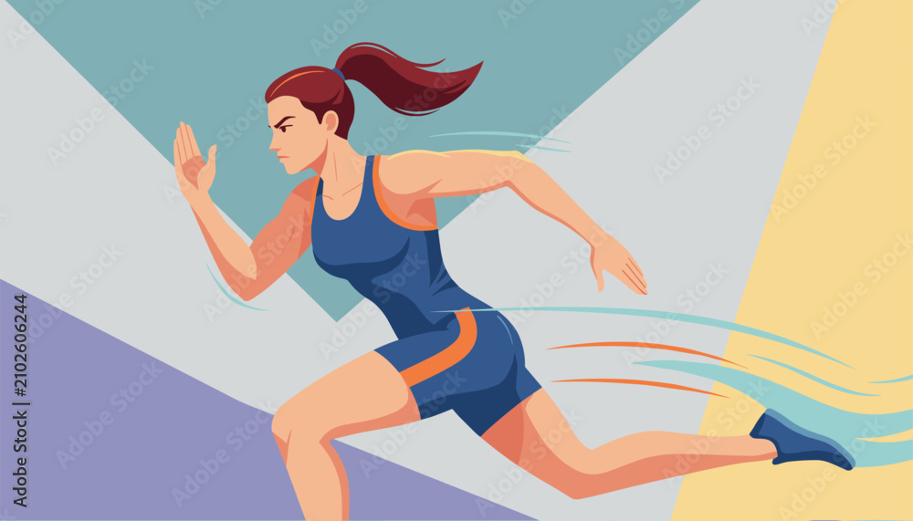 Fototapeta premium Dynamic illustration of an athletic woman in a blue tracksuit running fast against a colorful geometric background.