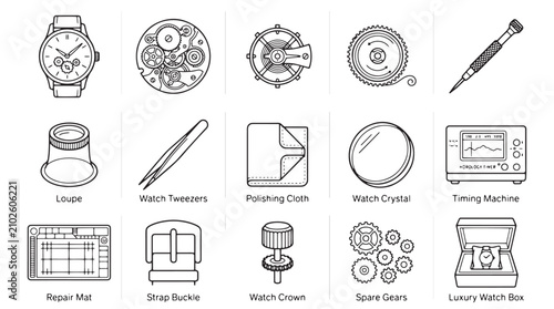 Foto Watchmaker tools and horology equipment icons, 15 professional watch repair serv