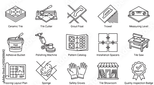 Foto Tiling installation tools and equipment icons, 15 professional floor tiling vect