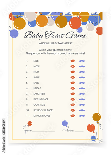 Bild auf Leinwand Baby trait game printable with balloons and family resemblance questions for a b