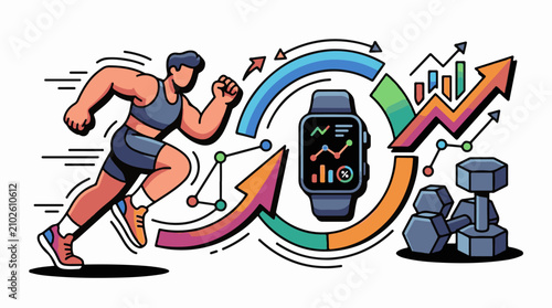 Runner with smartwatch and dumbbells shows fitness progress and growth