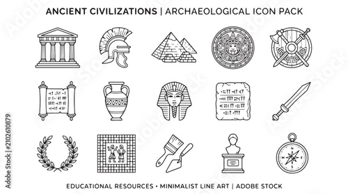 Konstfotografi Ancient Civilizations Archaeological Icon Pack, Minimalist Line Art History Vect