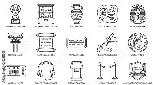 Konstfotografi Museum and archaeology icon set, 15 historical artifact line icons, ancient scul
