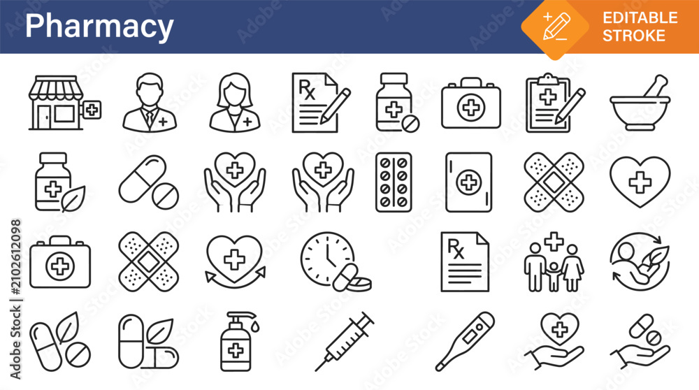 Naklejka premium Set of pharmacy and medical icons featuring pills medicine healthcare symbols and doctor signs in a simple line art style for web and mobile design applications
