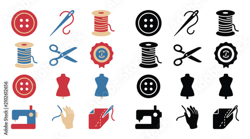 Canvastavla Set of sewing and tailoring icons in color and silhouette, representing various tools and elements for dressmaking and crafts