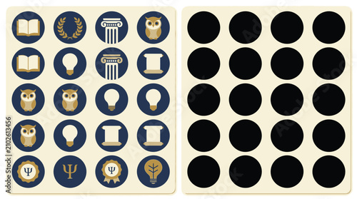 Obraz na płótnie Collection of Icons Representing Knowledge, Wisdom, and Learning, Contrasted with a Grid of Black Circles