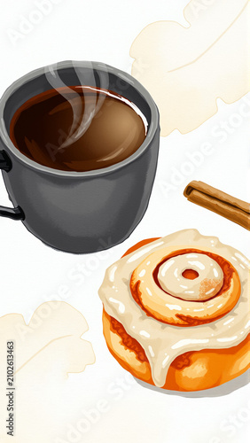 steaming cinnamon rolls with warm coffee cup on white background. top-down perspective with inviting steam effect and wooden cinnamon sticks. commercial food photography for bakery andbreak.
